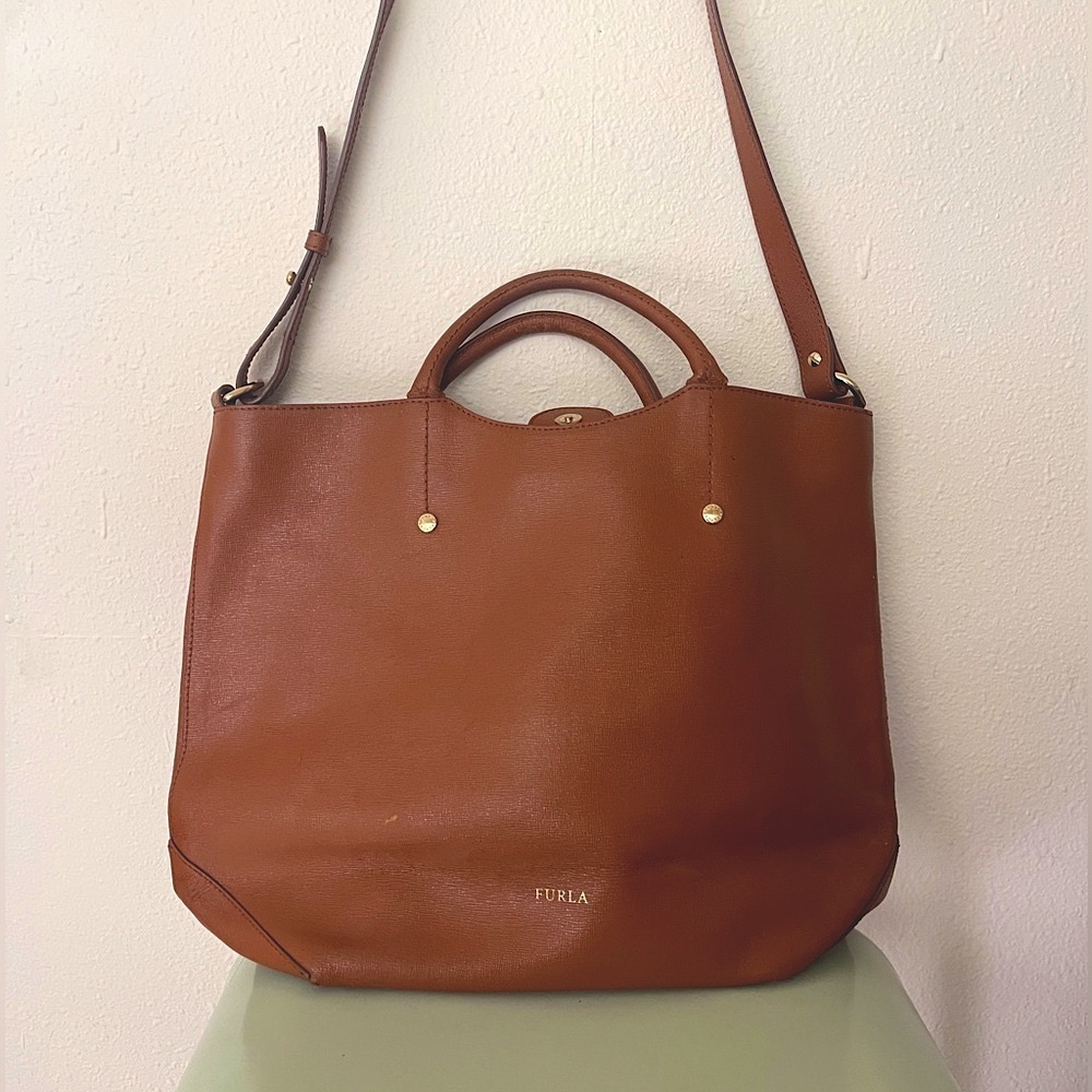 Furla 2 way bag brown leather crossbody purse large tote oversized designer